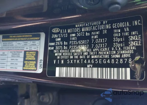 2014 Kia Sorento Lx z USA, uszkodzony, nr VIN 5XYKT4A65EG482878